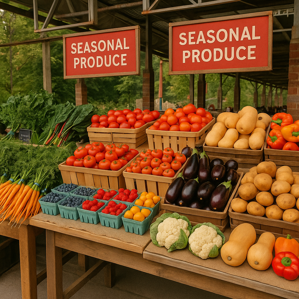Food stalls with seasonal produce at Evergreen Brick Works in Toronto