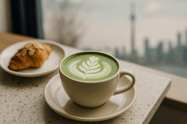 Matcha latte with fern latte art in a cream cup beside an almond croissant on a terrazzo table, Toronto skyline softly blurred.