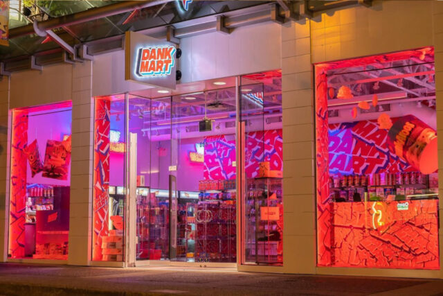 Dank Mart storefront with vibrant pink neon lighting in Toronto.