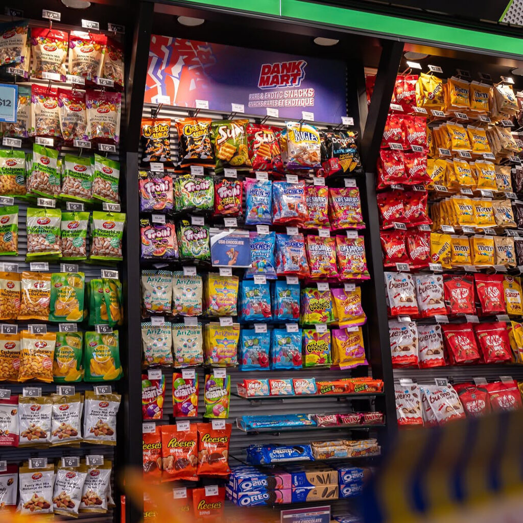 Shelf of rare and colorful snacks at Dank Mart in Toronto